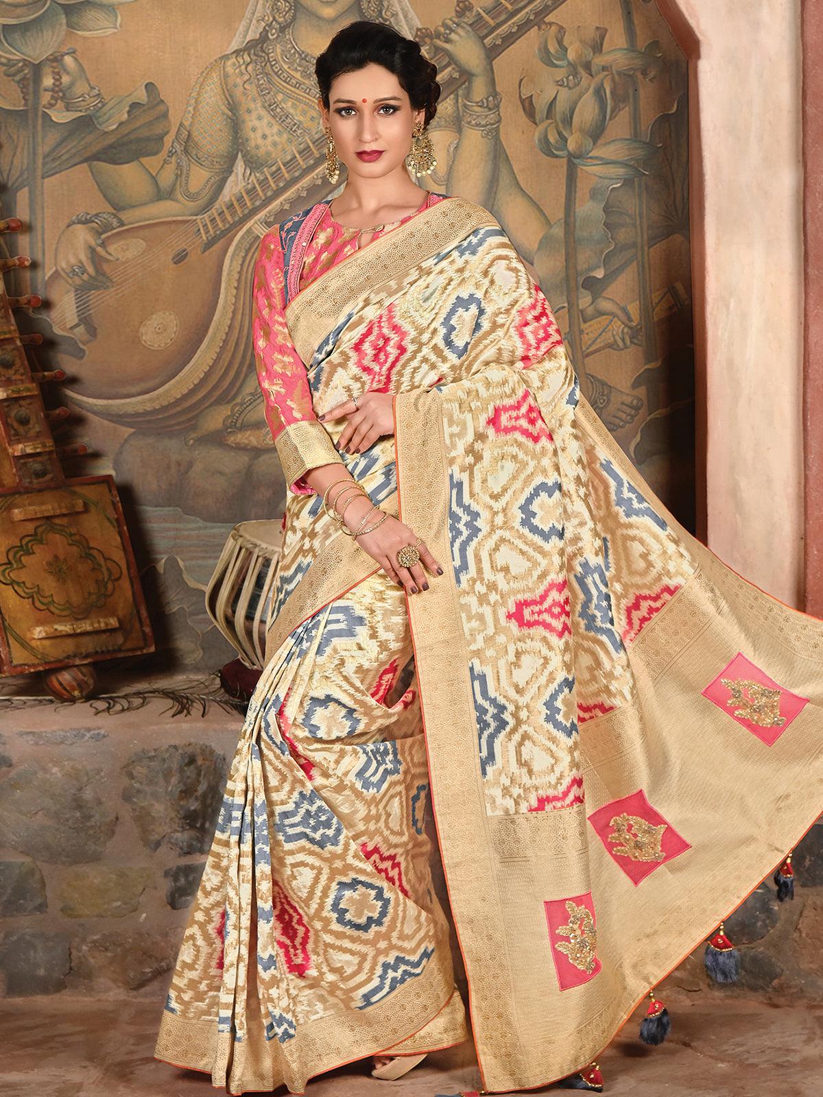 Cream Weaved Silk Designer Saree With Blouse. - Odette