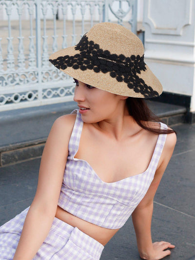 Creamy Beige Straw Bucket Hat With Black Lace. - Odette