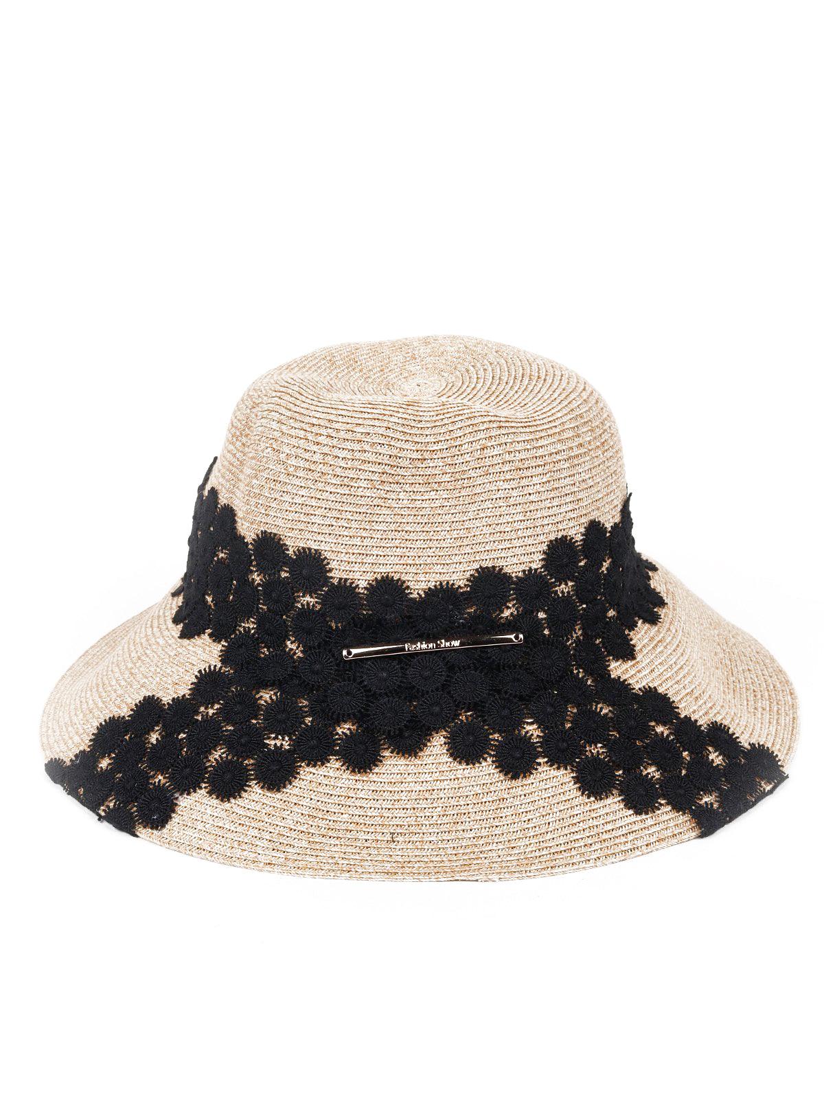 Creamy Beige Straw Bucket Hat With Black Lace. - Odette