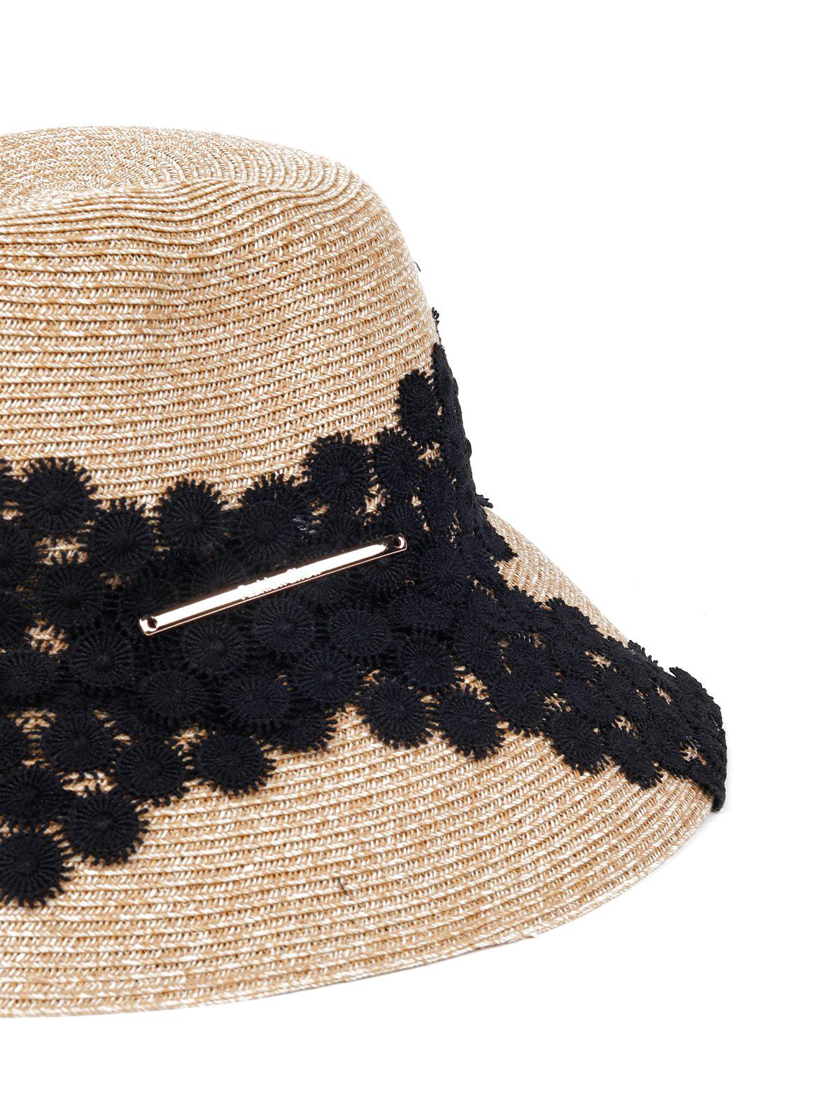 Creamy Beige Straw Bucket Hat With Black Lace. - Odette