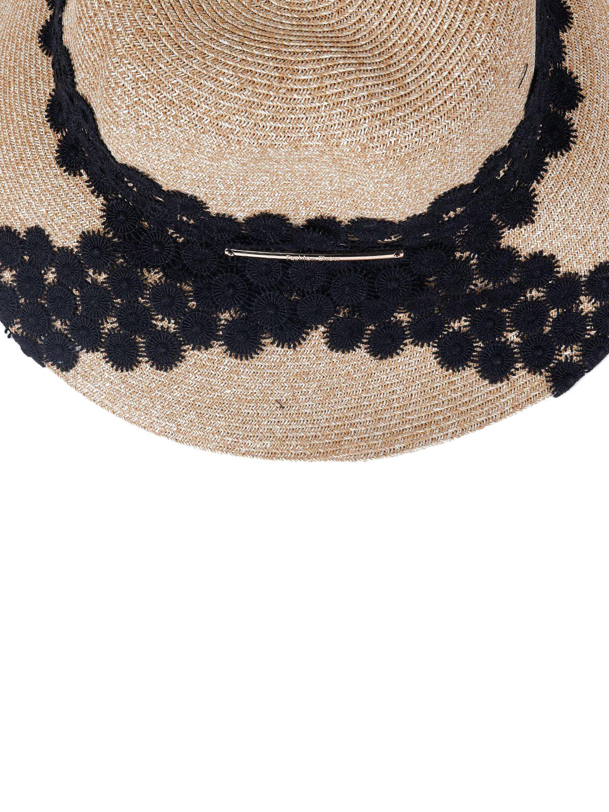 Creamy Beige Straw Bucket Hat With Black Lace. - Odette