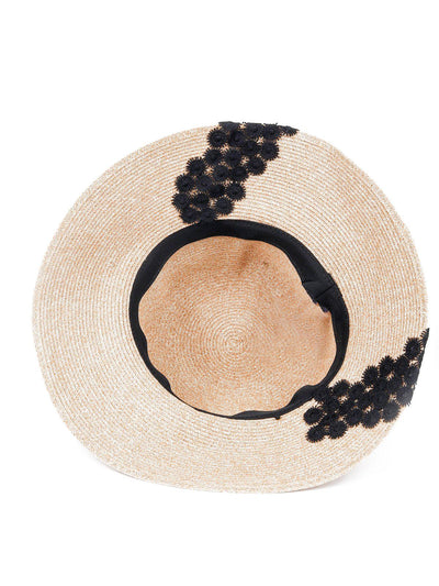 Creamy Beige Straw Bucket Hat With Black Lace. - Odette