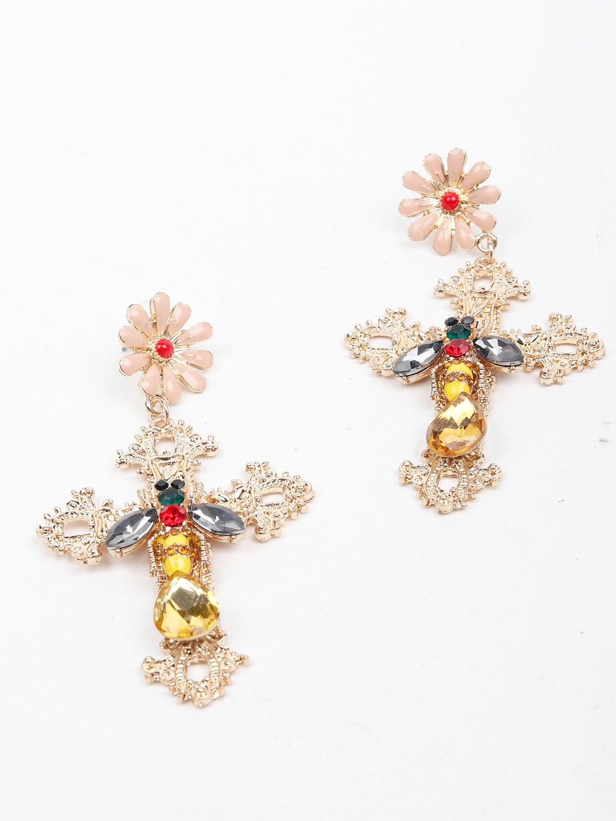 Cross-shaped floral drop statement earrings - Odette