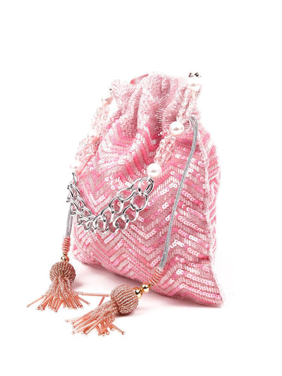 Cute baby pink sequence potli bag - Odette