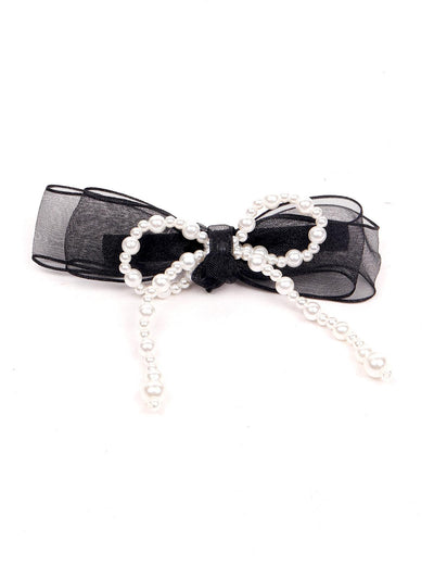 Cute black net bow shaped faux pearl hairclip - Odette