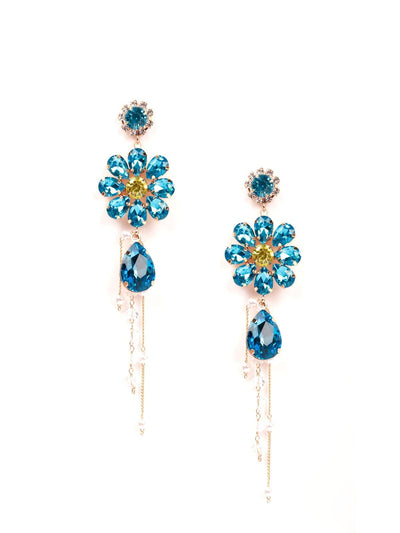 Cute blue floral crystal drop earrings - Odette