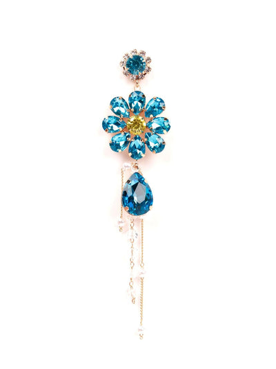 Cute blue floral crystal drop earrings - Odette