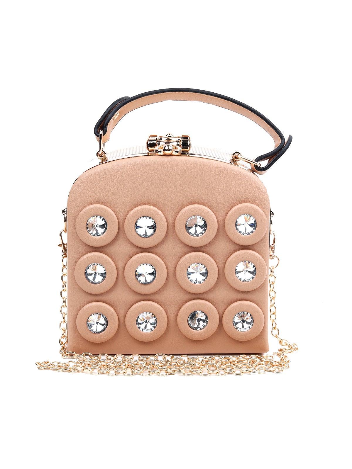 Cute Peach Structured Studded Sling Bag - Odette