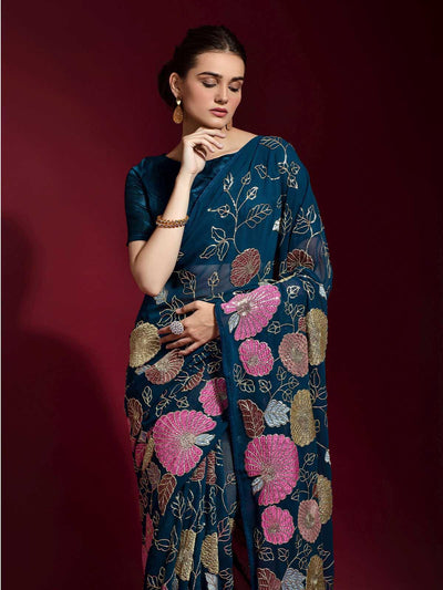 Dark Blue Banglori Silk Embroidered Saree With Blouse - Odette