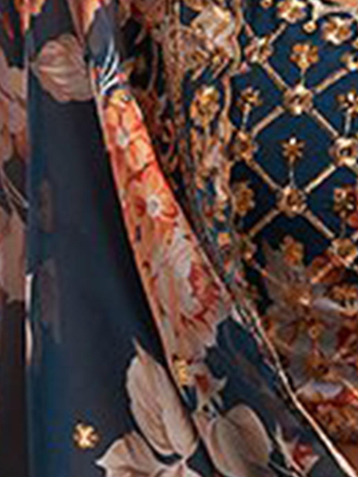 Dark Blue floral printed Lehenga Choli with Sequins Zari Embroidery Work - Odette