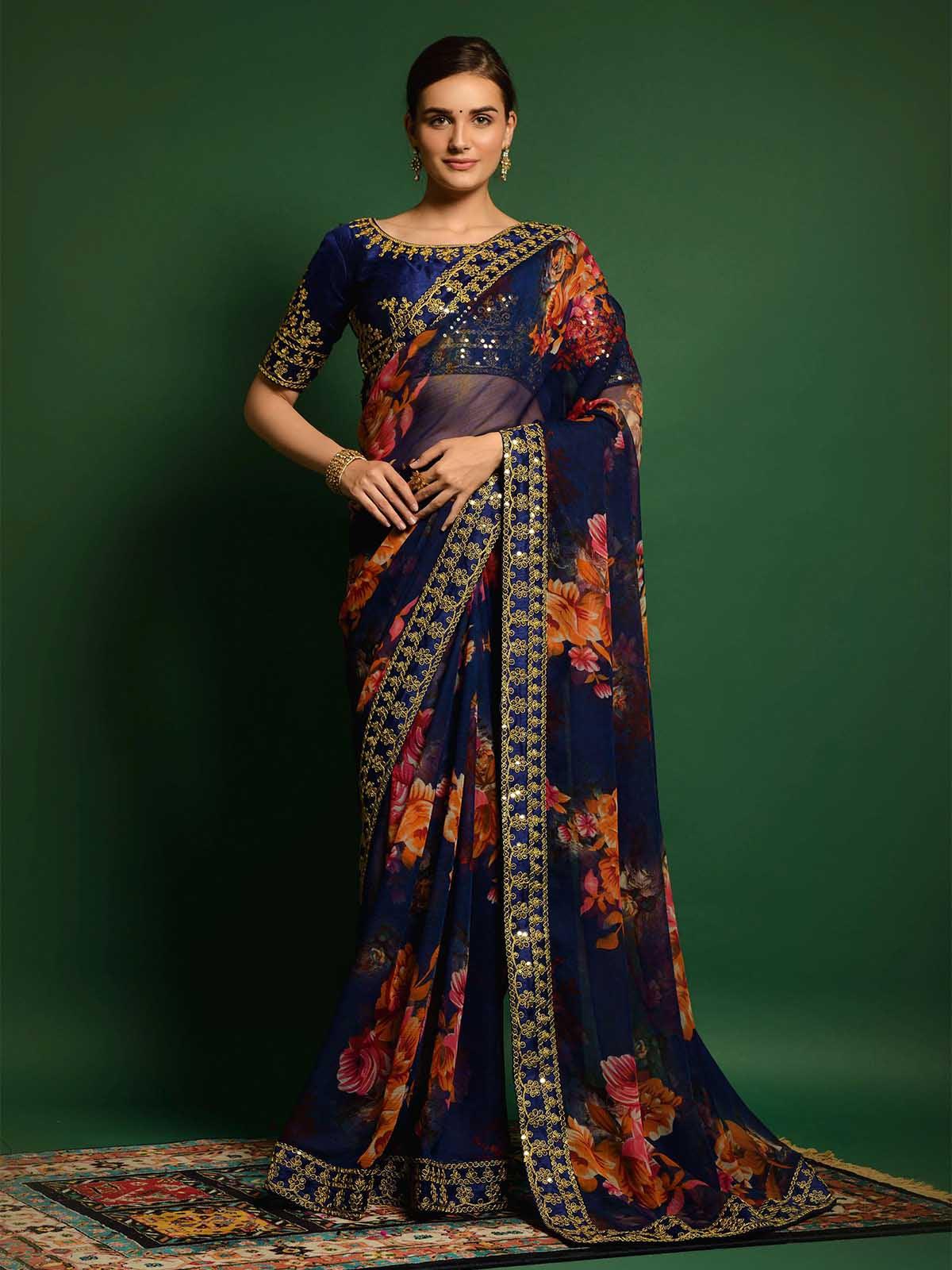 Dark Blue Georgette Embroidery Saree With Blouse - Odette
