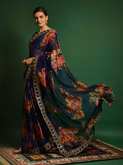 Dark Blue Georgette Embroidery Saree With Blouse - Odette