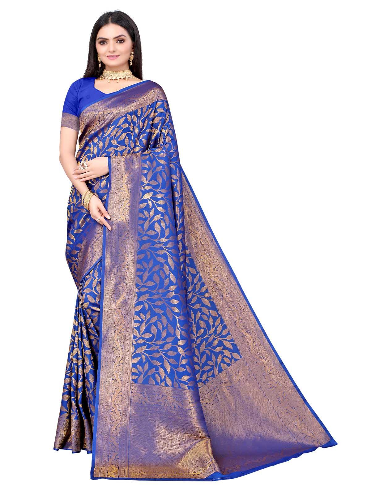 Dark Blue Silk Blend Woven Saree With Blouse - Odette