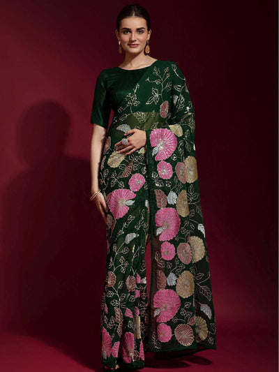 Dark Green Banglori Silk Embroidered Saree With Blouse - Odette