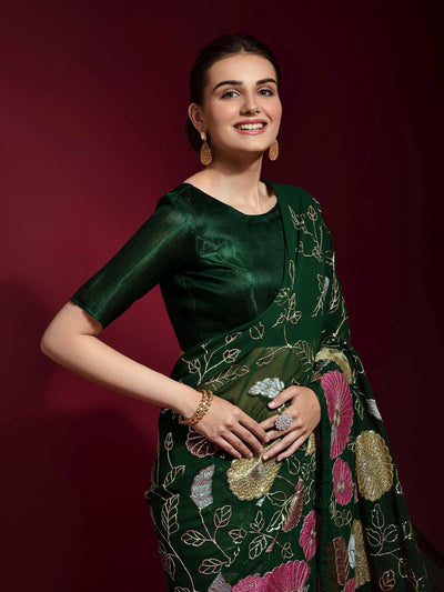 Dark Green Banglori Silk Embroidered Saree With Blouse - Odette