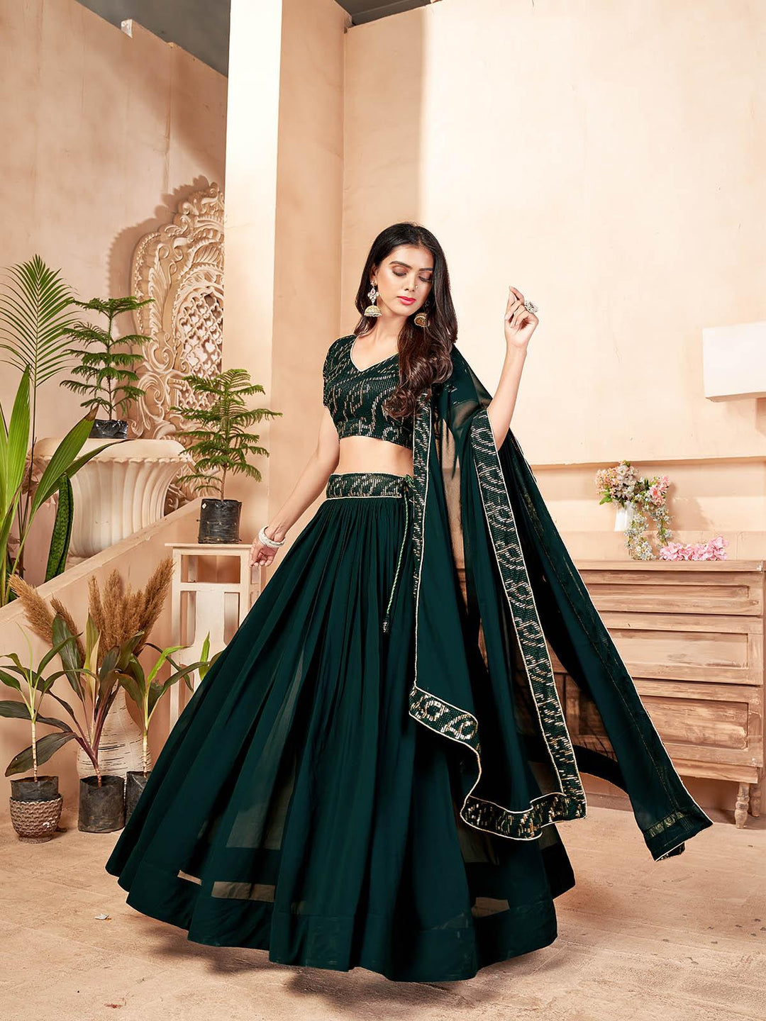 Buy Dark Green Faux Georgette Lehenga Set Online. Odette