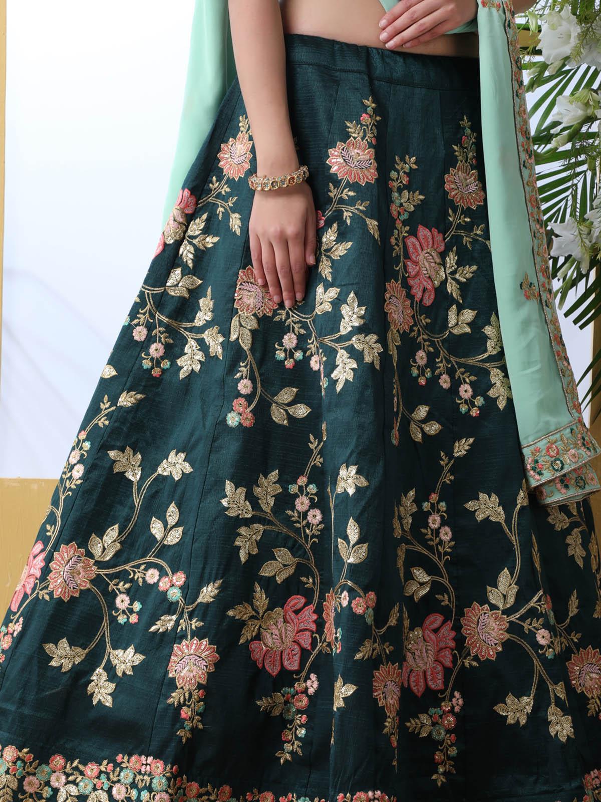 Dark Green Sequins Georgette Lehenga Set - Odette