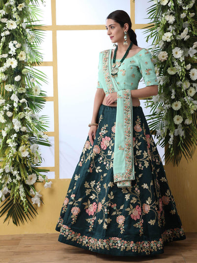 Dark Green Sequins Georgette Lehenga Set - Odette