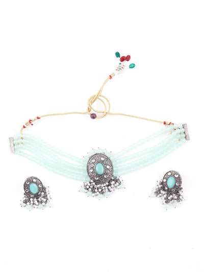 Delightful Aqua Green Crystal Choker Necklace Set - Odette
