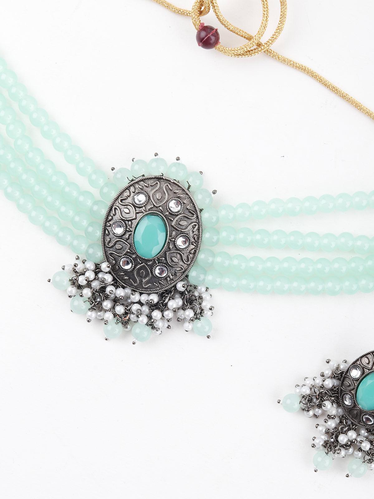 Delightful Aqua Green Crystal Choker Necklace Set - Odette