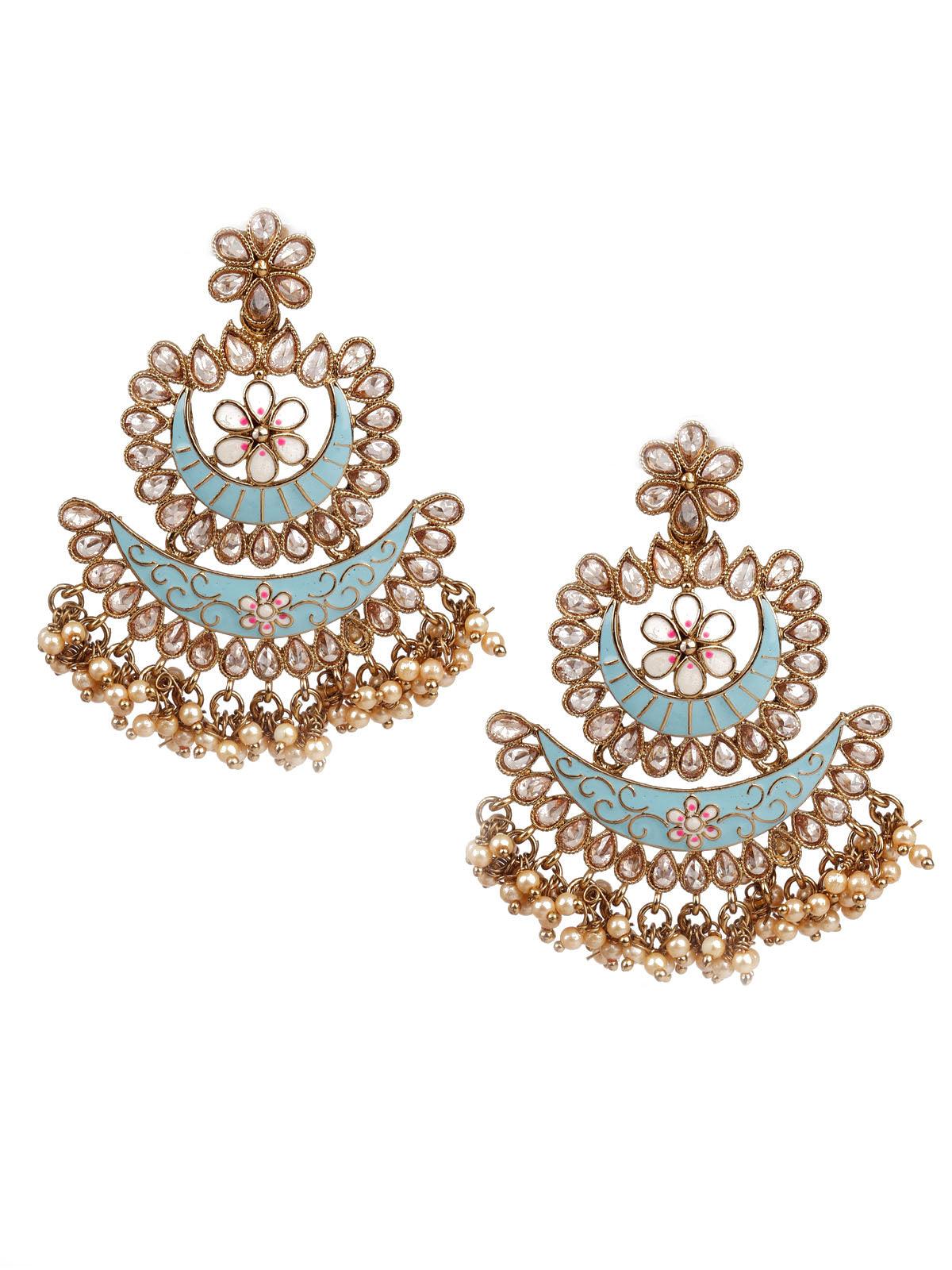 DESIGNER BLUE AND GOLD LAYERED CHANDBALI EARRINGS - Odette