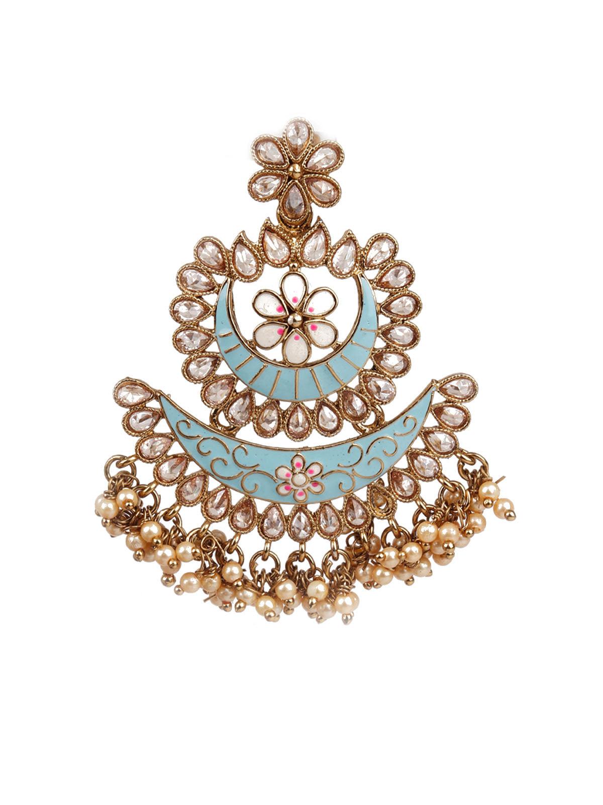 DESIGNER BLUE AND GOLD LAYERED CHANDBALI EARRINGS - Odette