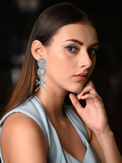 Designer blue crystal double hoop cross earrings - Odette