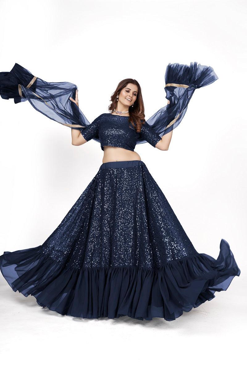 Navy blue color georgette plain lehenga choli with unstitched blouse and  dupatta