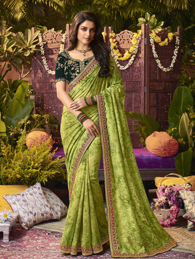 Designer green printed vichitra silk diamond work saree - Odette
