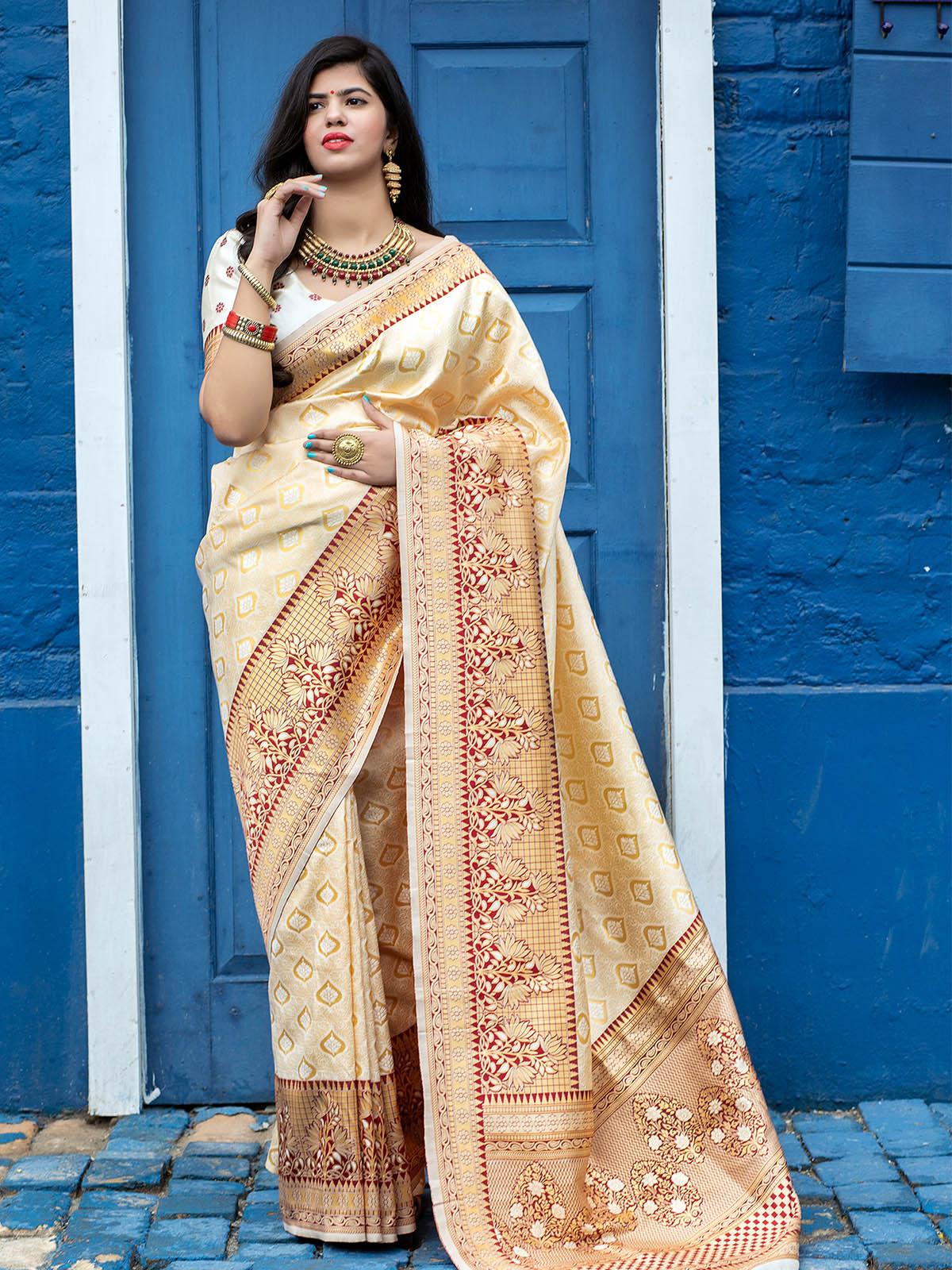 Designer Off White Banarasi Silk Saree - Odette