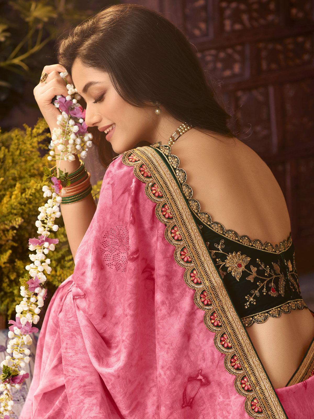 Designer pink printed vichitra silk diamond work saree - Odette