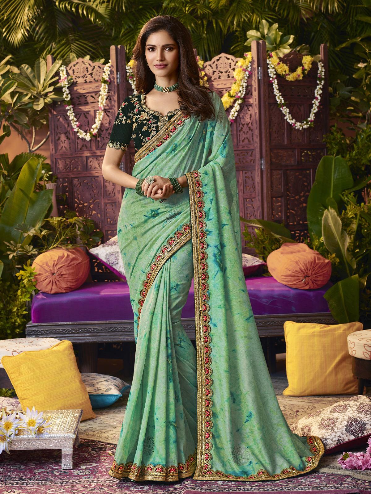 Designer sea green printed vichitra silk diamond work saree - Odette