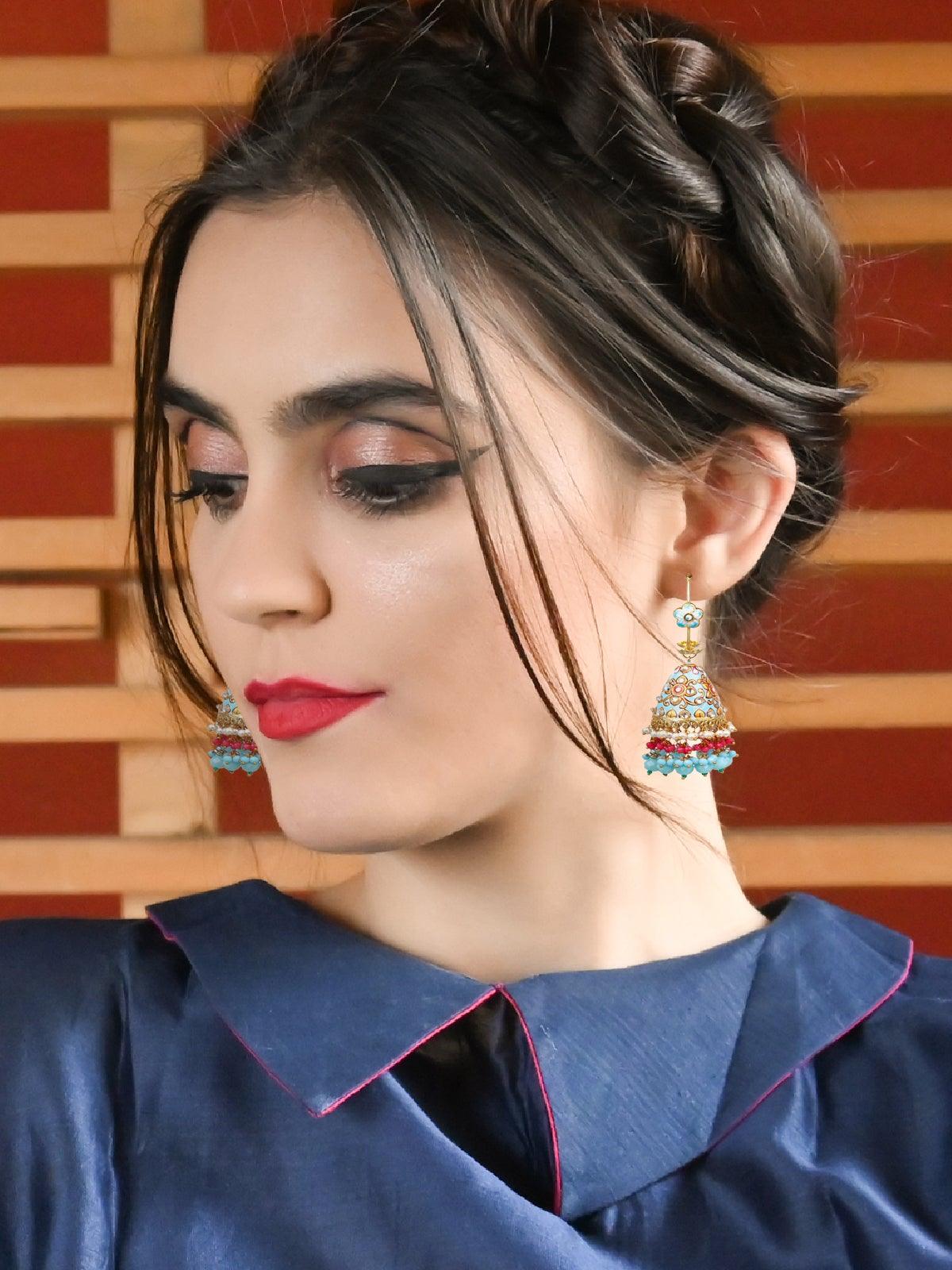 Designer turquoise blue jhumkas - Odette