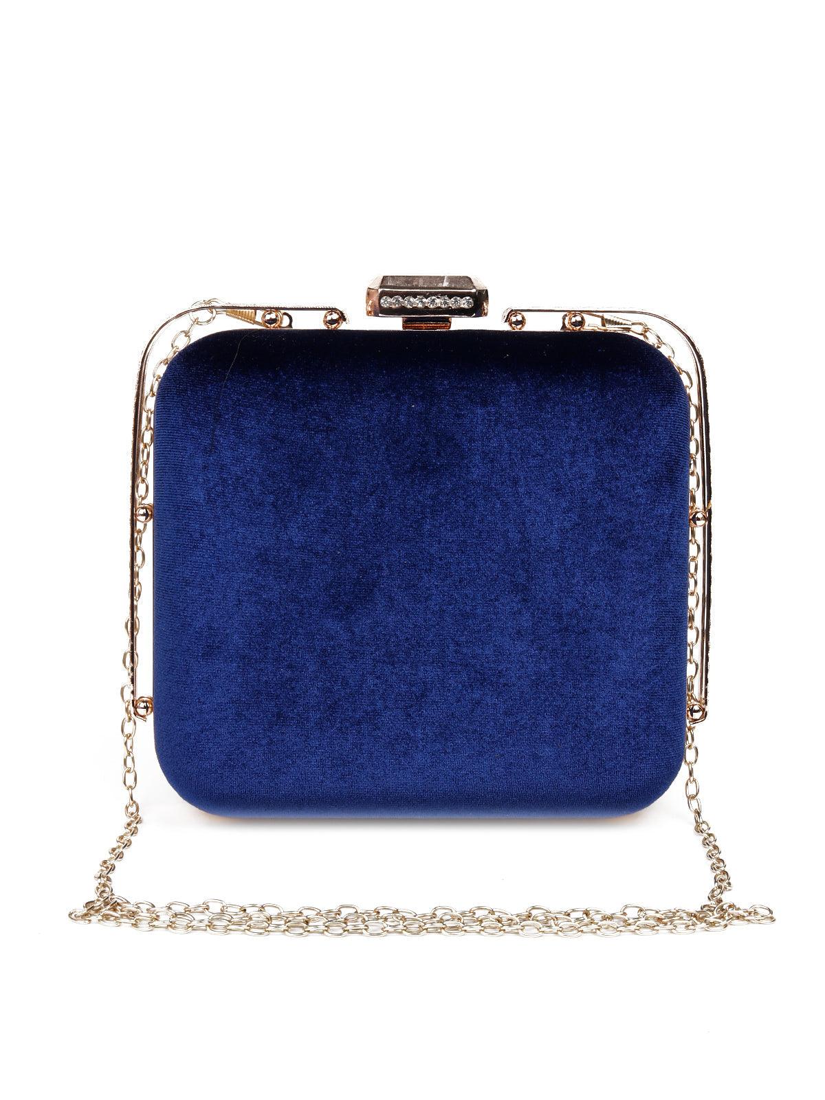 Designer velvet royal blue solid sling bag for women - Odette