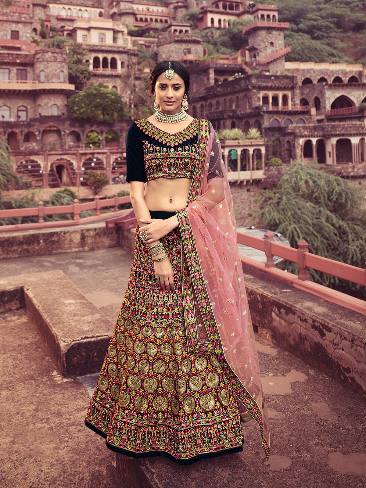 Navy Blue Thread With Mutli Sequins Work Semi Stitched Lehenga With  Unstitched Blouse