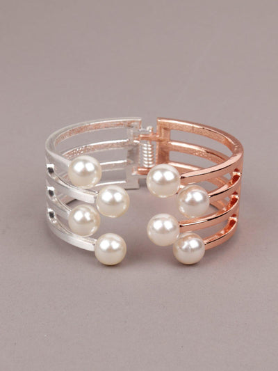 Dual Silver And Gold  Pearl-Embellished Cuff Bracelet - Odette