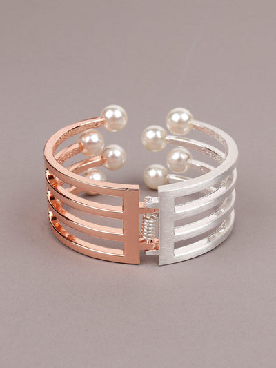 Dual Silver And Gold  Pearl-Embellished Cuff Bracelet - Odette