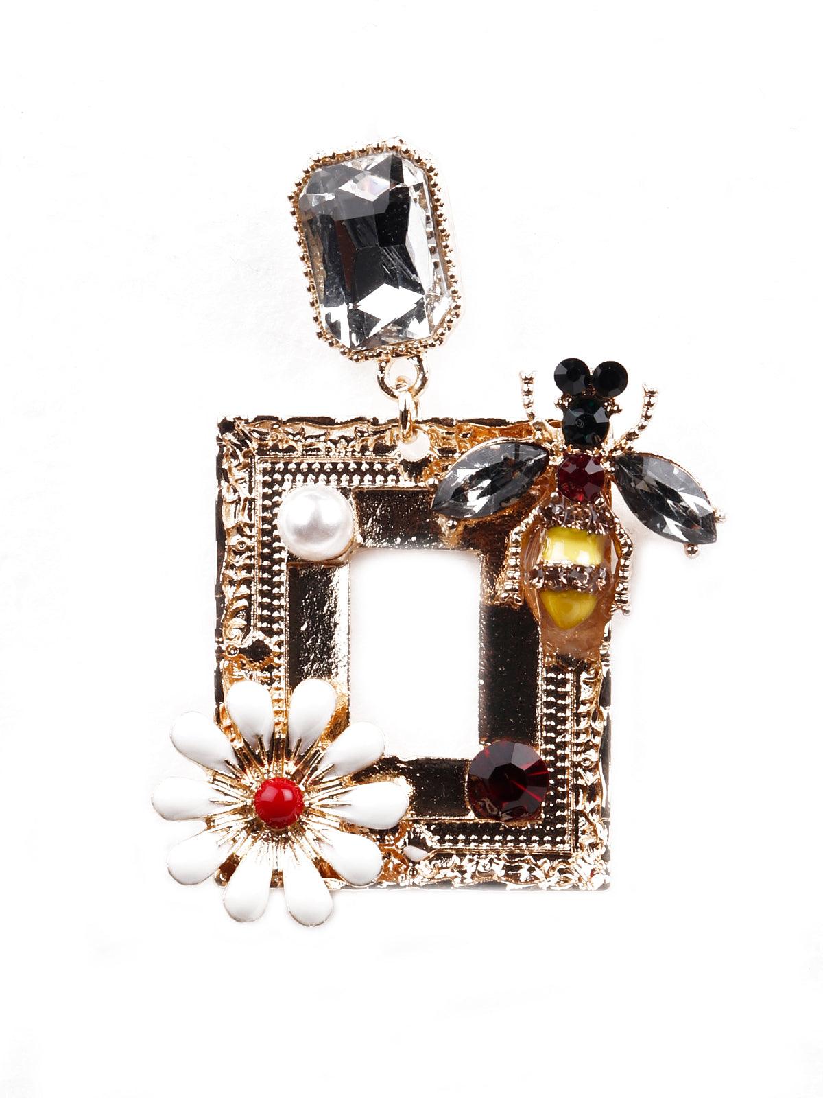 Elegance floral structured statement earrings - Gold - Odette