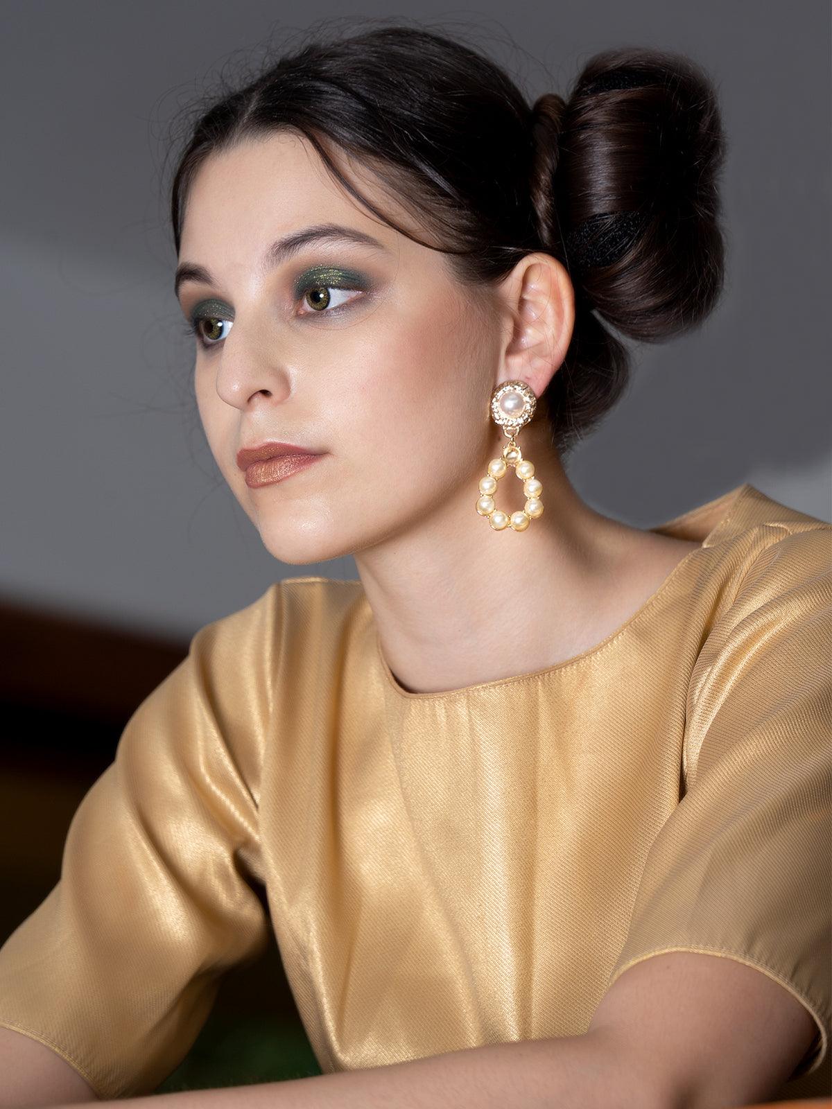 Elegant Gold Tone Pearl Dangle Earrings - Odette