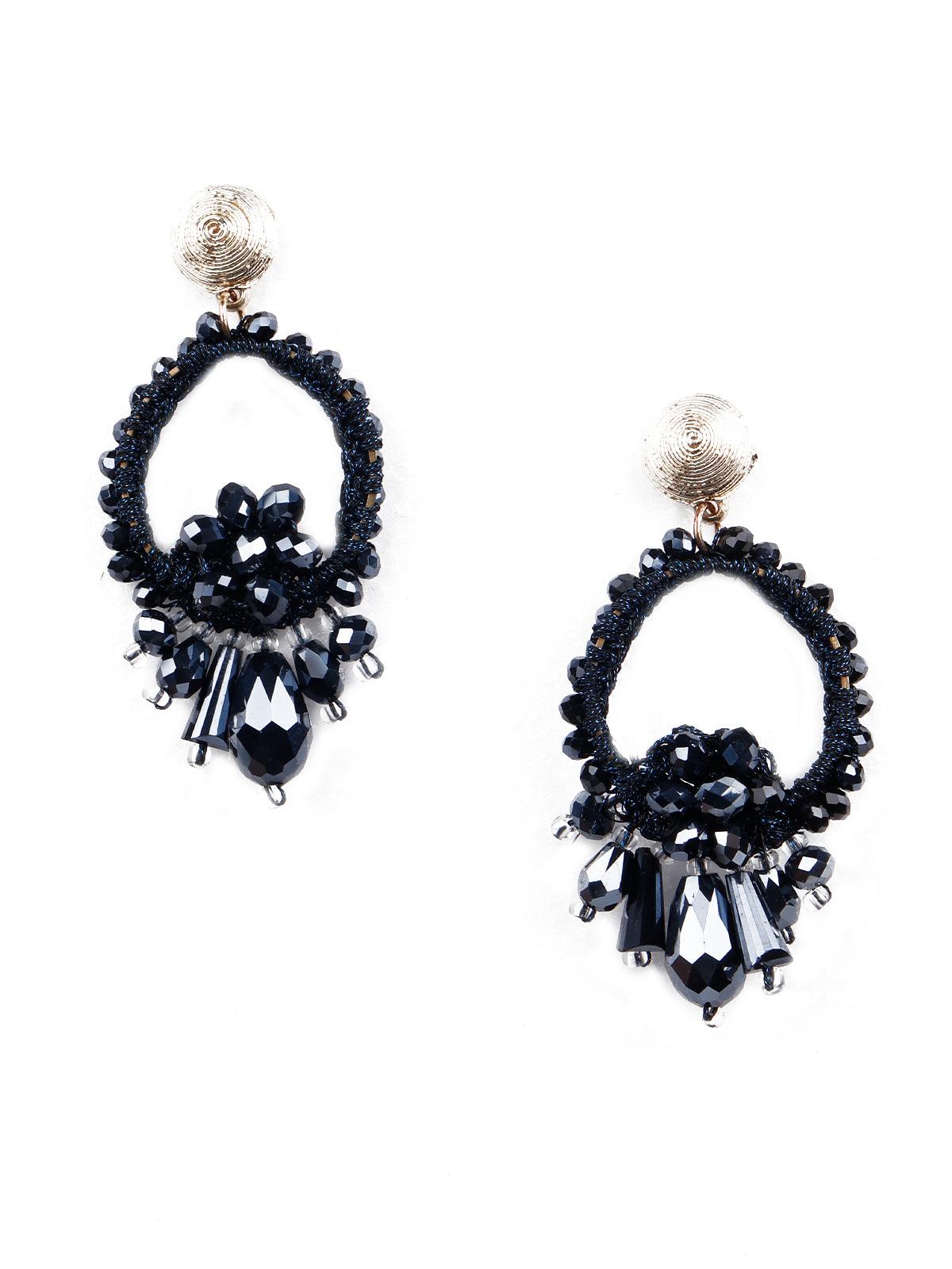 Elegant navy blue embellished statement earrings - Odette