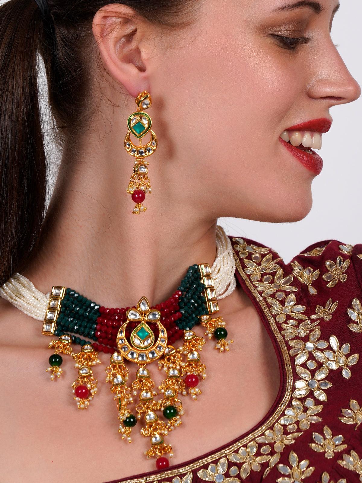 Elegant red-green crystal, pearl, & kundan choker with earrings! - Odette