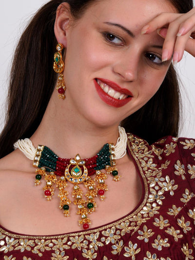 Elegant red-green crystal, pearl, & kundan choker with earrings! - Odette