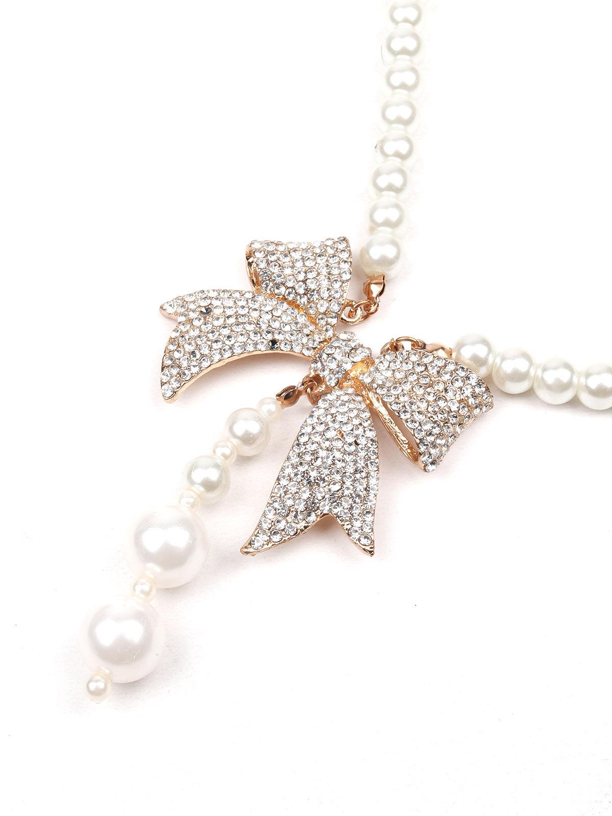 Elegant white necklace with studded bow pendant - Odette