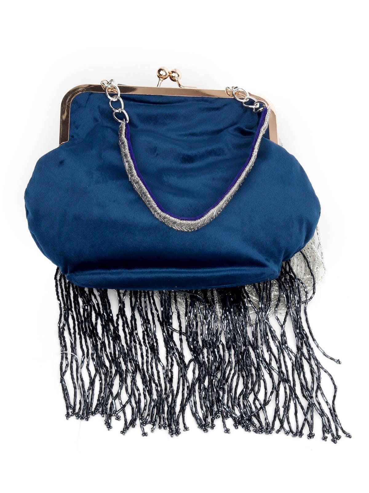EMBELLISHED BLUE CLUTCH BAG WITH TASSELS - Odette