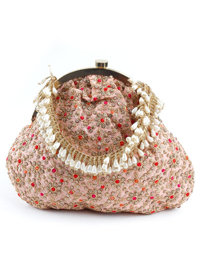 Embroidered Pink And Golden Clutch - Odette