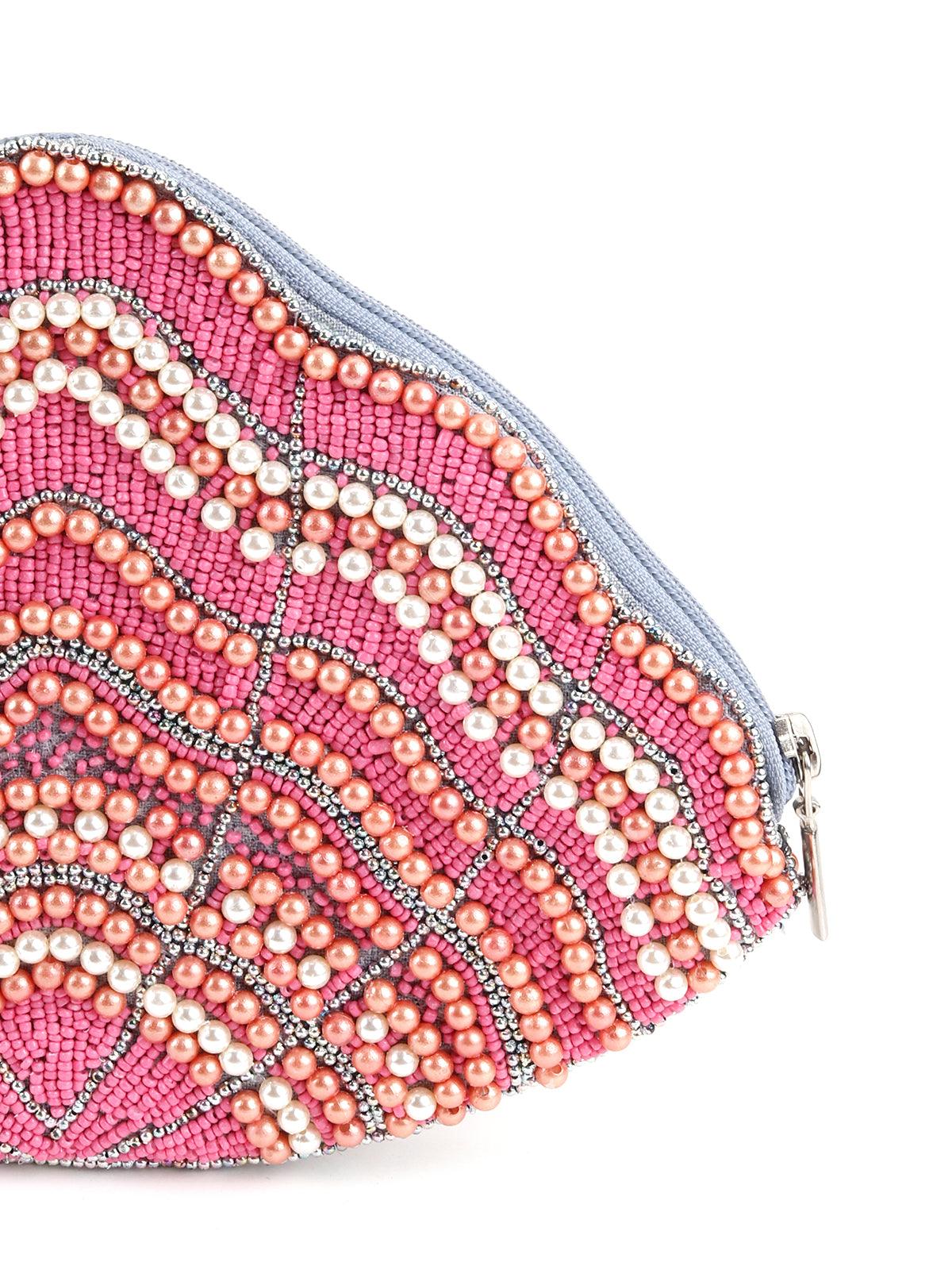 Embroidered Pink Beaded Clutch - Odette