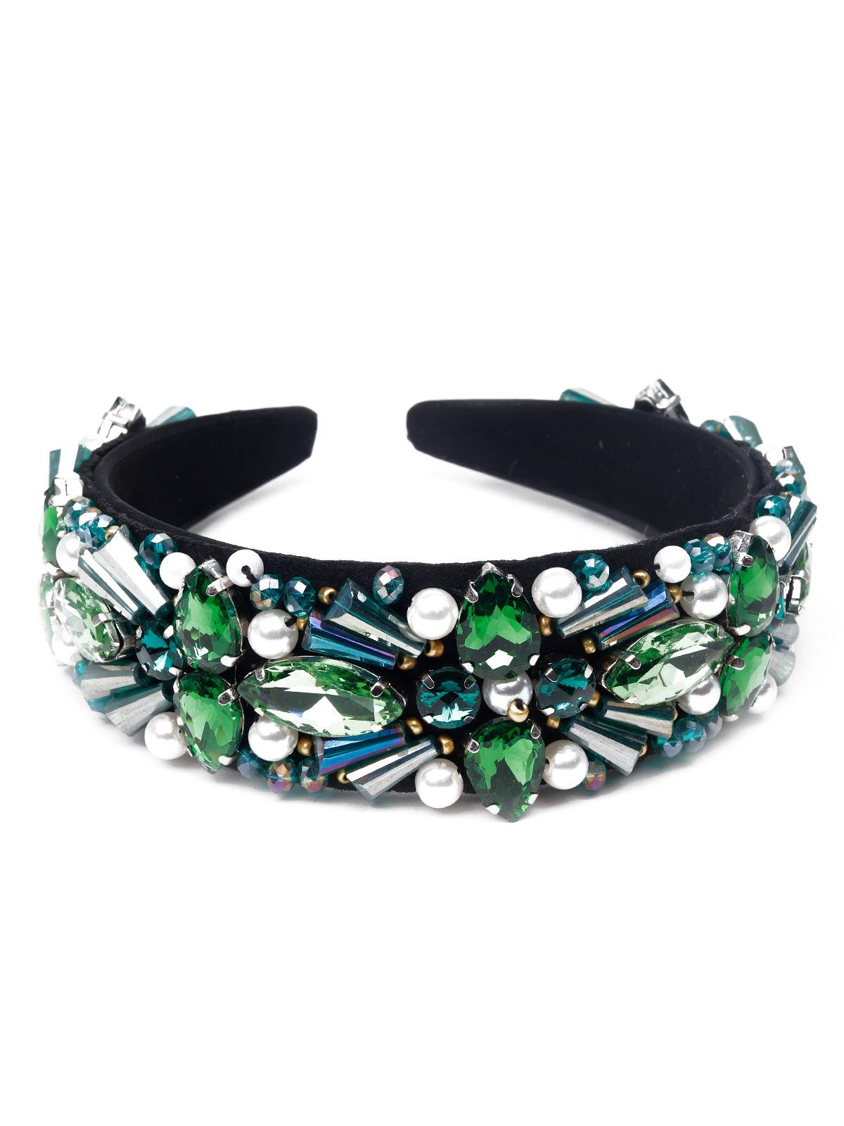 Emerald green crystal-embellished wide hairband - Odette