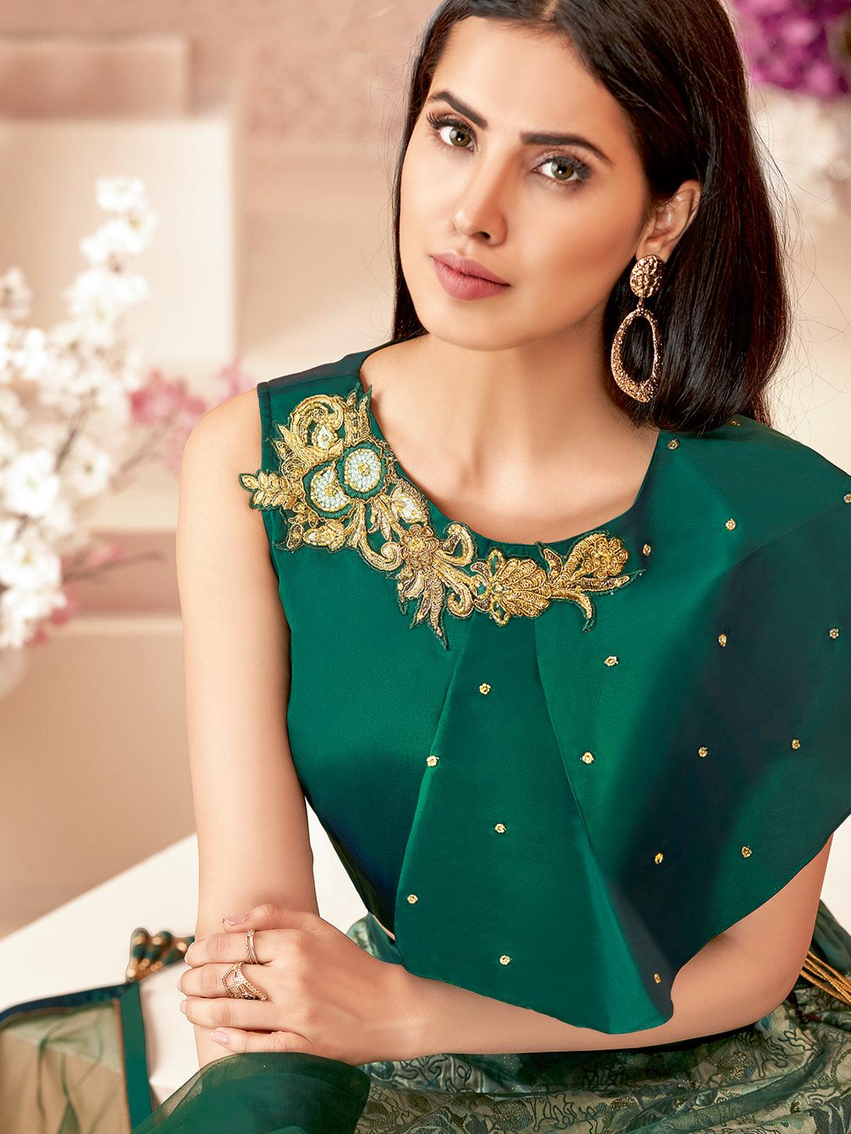 Emerald Green Jacquard Silk, Net Designer Lehenga Choli. - Odette