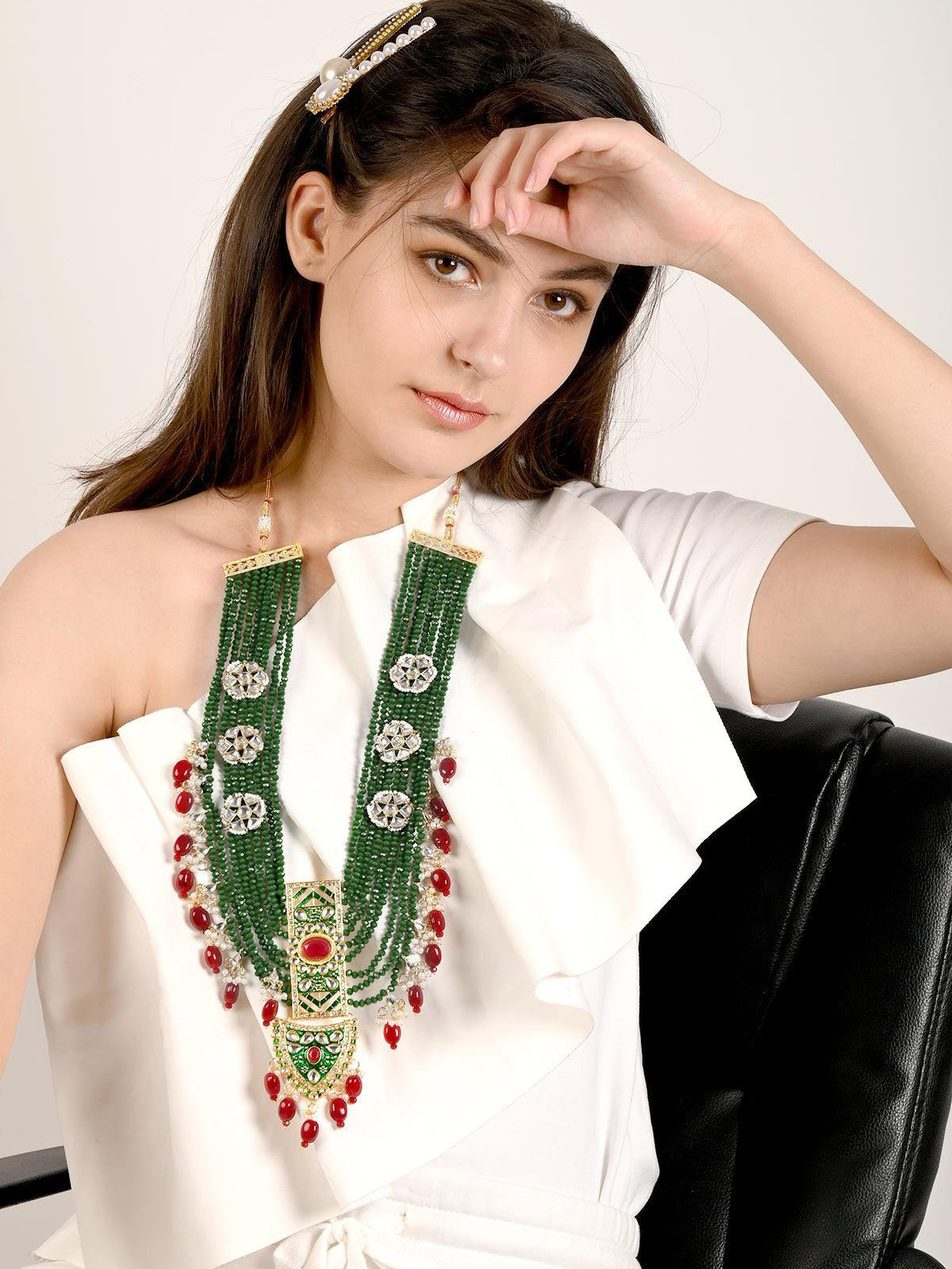 Odette Women Emerald Green With Ruby Beads Kundan Necklace