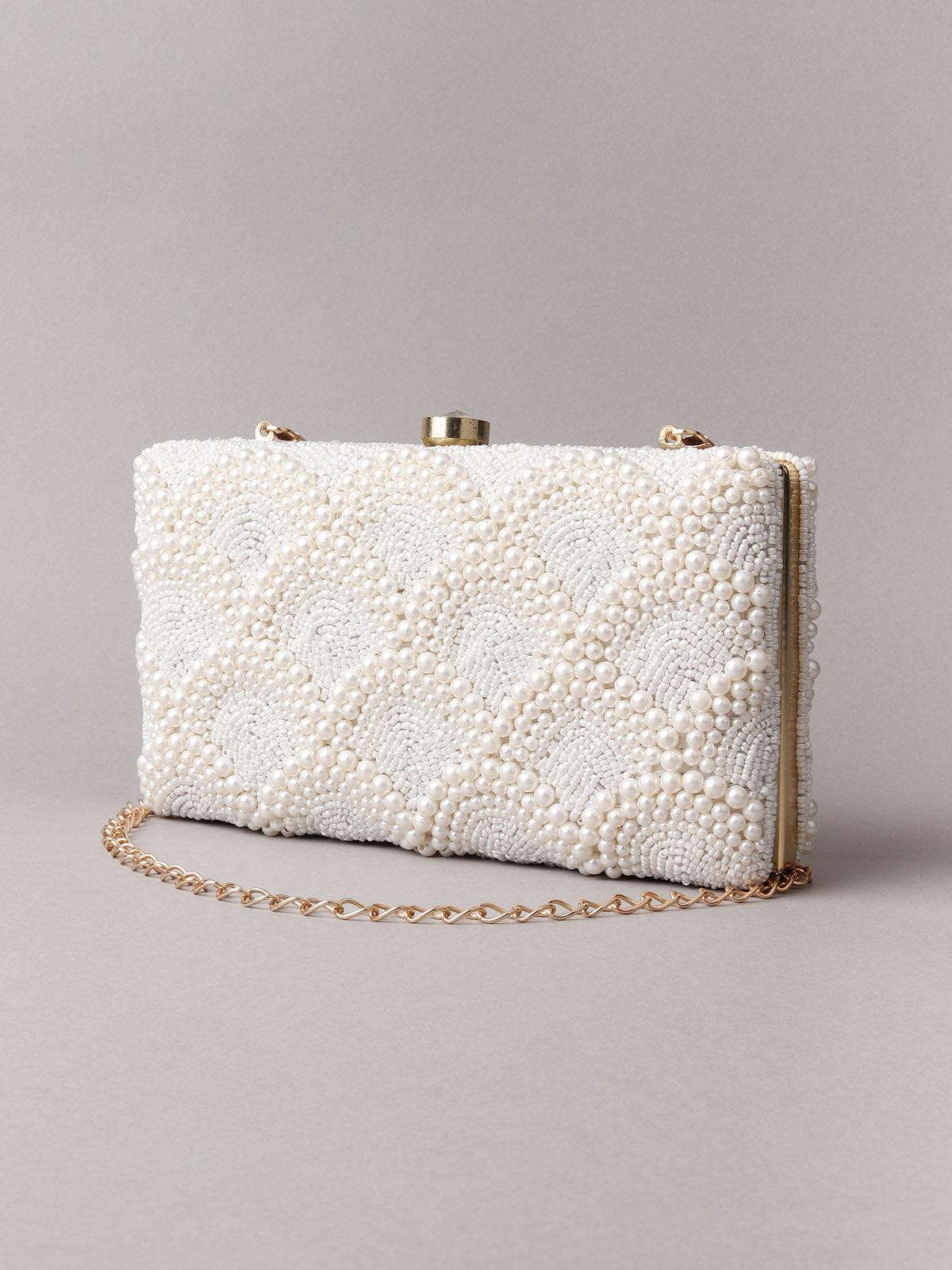 Enticing Rectangular White Pearly Clutch! - Odette